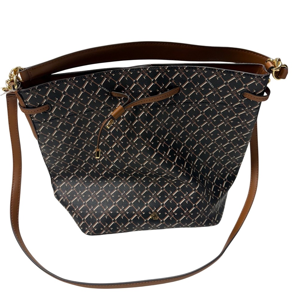 Lauren Ralph Lauren Monogram Tote Bag Black Brown Leather Trim Gold Hardware